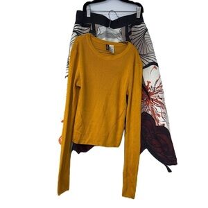 Mustard Long Sleeve Women's Top & Floral Skirt kawaii cropped ribbed